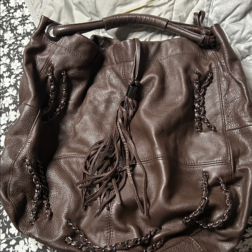 Vince Camuto Pewter Tassel Fringe Satchel charcoal, brown